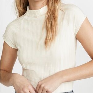 Reformation Cream Ribbed Fitted Blouse with Cap Sleeves and Mandarin Collar